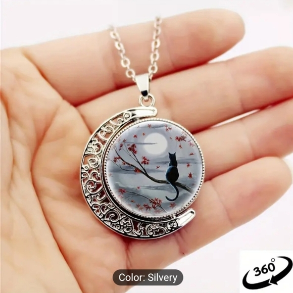 Crescent Moon with A Black Cat Pendant Necklace - Picture 4 of 4